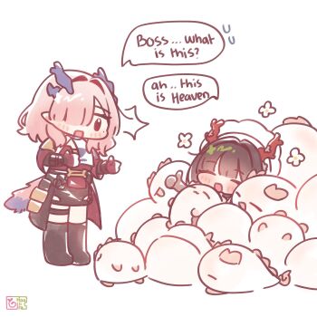 ... 2girls :d =_= ^^^ antlers arknights arknights:_endfield black_gloves black_hair blush chibi chibi_only closed_eyes commentary dragon_bean_(arknights) dragon_girl dragon_horns eastern_dragon_horns english_text fingerless_gloves gloves haaiiro hair_intakes hair_over_one_eye happy highres horns mi_fu_(arknights) multiple_girls one_eye_covered open_mouth pink_hair pointy_ears red_gloves red_horns simple_background smile spoken_ellipsis surprised thumbs_up untranslatable_commentary white_background zhuang_fangyi_(arknights)