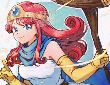 1girl betabetamaru blue_eyes breasts casting_spell closed_mouth commentary_request cosplay curly_hair dragon_quest dragon_quest_iii eyelashes gloves highres holding holding_staff index_finger_raised looking_at_viewer mage_(dq3) red_hair sage_(dq3) sage_(dq3)_(cosplay) smile solo staff yellow_gloves