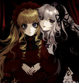 Rule 34 | 2girls, black flower, black rose, blonde hair, blue eyes, bonnet, clip studio paint (medium), dress, drill hair, flower, frills, gothic lolita, grey hair, hairband, hat, highres, jewelry, lolita fashion, lolita hairband, long hair, long sleeves, looking at viewer, multiple girls, red dress, red eyes, ring, rose, rozen maiden, shinku, shizzohusk, siblings, sisters, suigintou, twintails, very long hair, white hair