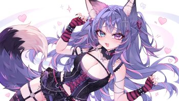 Rule 34 | 1girl, absurdres, animal ear fluff, animal ears, artist name, belt, black nails, blue eyes, blush, breasts, cleavage, commentary, commission, covered navel, earrings, english commentary, fingernails, fox ears, fox girl, fox tail, hair ornament, hair ribbon, heart, heart earrings, heart hair ornament, heterochromia, highres, jewelry, long hair, multicolored hair, open mouth, pink belt, pink hair, pink ribbon, plaid clothes, plaid skirt, purple eyes, ribbon, rinne (rinne oi), saphia heart, sharp fingernails, skirt, solo, spikes, star (symbol), streaked hair, tail