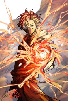 1boy black_mask cale_henituse casting_spell commentary dated electricity energy energy_ball fire highres hood hood_down looking_at_viewer looking_to_the_side lout_of_count&#039;s_family magic male_focus mask mouth_mask ninja ninja_mask osewa6363 red_hair robe sash short_hair signature smoke solo symbol-only_commentary