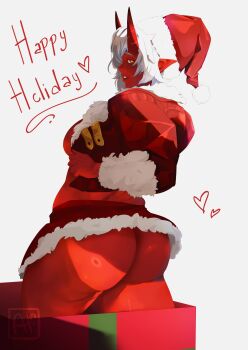1girl absurdres ahi_ahmdyn akumi_(yoclesh) ass blush breasts christmas colored_skin english_text from_behind fur-trimmed_headwear fur_trim hat heart highres hood hood_down horns jacket large_breasts lips long_sleeves looking_at_viewer looking_back medium_breasts merry_christmas oni pointy_ears red_hat red_horns red_jacket red_oni red_skin santa_hat short_hair simple_background solo virtual_youtuber vyugen white_background white_hair