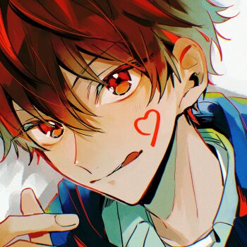Rule 34 | 1boy, absurdres, commentary, ensemble stars!, facial mark, finger heart, hand up, heart, highres, looking at viewer, male focus, marking on cheek, morisawa chiaki, ninomiya (t 238 t), red eyes, red hair, short hair, solo, tongue, tongue out, white background