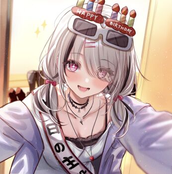 +_+ 1girl asumi_sena black_hair bow breasts cleavage collarbone commentary_request eyewear_on_head grey_hair hair_bow hair_over_one_eye happy_birthday highres jewelry long_sleeves looking_at_viewer medium_hair multicolored_hair necklace open_mouth pink_bow pink_eyes sa-ya2 smile solo streaked_hair upper_body virtual_youtuber vspo!