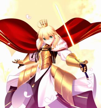 1girl ahoge armor artoria_pendragon_(fate) blonde_hair breastplate caliburn_(fate) cape commentary crown english_commentary fate/grand_order fate_(series) gauntlets gold_armor green_eyes highres hip_armor lord_logres_(fate) lord_logres_(first_ascension)_(fate) red_cape rey_r31_44 smile solo
