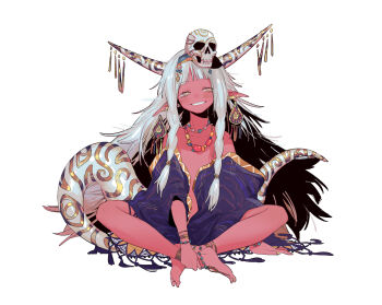 1girl colored_skin commentary_request earrings full_body grin highres horn_ornament horns indian_style jewelry long_hair open_clothes open_robe original pointy_ears purple_robe red_skin robe sharp_teeth simple_background sitting smile solo tail teeth very_long_hair white_background white_hair www_planet yellow_eyes