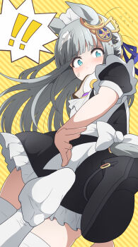 ! !! 1girl alternate_costume animal_ears aqua_eyes black_shoes chrono_genesis_(umamusume) commentary_request enmaided grey_hair horse_ears horse_girl horse_tail long_hair looking_at_viewer maid nel-c no_shoes puffy_short_sleeves puffy_sleeves shoes short_sleeves soles solo standing standing_on_one_leg striped_background tail thighhighs umamusume unworn_shoes white_thighhighs yellow_background