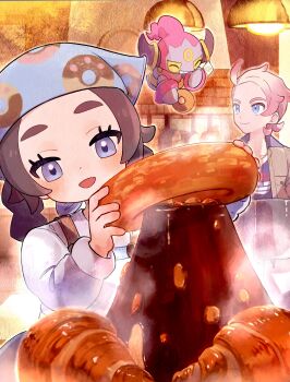 1boy 1girl :d absurdres ansha_(pokemon) blue_eyes commentary_request croissant eyelashes food gen_6_pokemon hands_up highres holding holding_food hoopa hoopa_(confined) indoors legendary_pokemon long_hair long_sleeves mythical_pokemon natsubame nintendo open_mouth pokemon pokemon_legends:_z-a shirt smile steam urbain_(pokemon) white_shirt