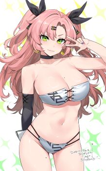 1girl absurdres bikini black_choker black_gloves black_ribbon breasts choker commentary_request commission contrapposto cross-laced_bikini cross-laced_clothes elbow_gloves gloves green_eyes hair_ornament hair_ribbon hairclip highres large_breasts mitsuba_minoru mole mole_on_breast mole_under_eye multi-strapped_bikini_bottom nicole_demara pink_hair ribbon single_elbow_glove skeb_commission solo standing strapless strapless_bikini swimsuit two_side_up v v_over_eye white_bikini zenless_zone_zero