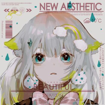 1girl aqua_eyes black_shirt bow bowtie chinese_commentary commentary_request commission dated green_hair grey_hair hair_flaps highres long_hair looking_at_viewer open_mouth original pink_bow pink_bowtie portrait rainbow_hair_ornament red_hair shirt solo too_many_watermarks vihua6 watermark