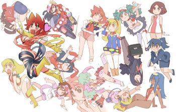 aki_natsuko_(re:_cutie_honey) belt blonde_hair blue_leotard breasts catharine_blitzen catharine_blitzen_(cosplay) character_request cleavage closed_mouth commentary_request cosplay cutie_honey cutie_honey_(character) elbow_gloves gloves gun gundam gundam_card_builder highleg highleg_leotard holding holding_gun holding_weapon kisaragi_honey large_breasts leotard long_hair motor_vehicle motorcycle multiple_girls open_mouth panties ramb_chop re:_cutie_honey reiko_holinger reiko_holinger_(cosplay) short_hair simple_background smile thighhighs twintails underwear weapon white_background white_thighhighs