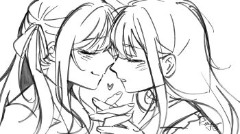 2girls bang_dream! bang_dream!_it&#039;s_mygo!!!!! blush chinese_commentary closed_eyes commentary_request forehead-to-forehead greyscale heads_together heart highres interlocked_fingers long_hair monochrome multiple_girls open_mouth sidelocks simple_background togawa_sakiko upper_body wakaba_mutsumi white_background yoyoray20001996 yuri