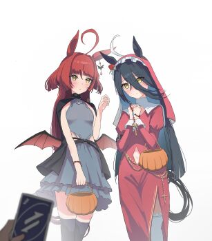 1other 2girls ahoge alternate_costume animal_ears bat_hair_ornament bat_wings beads black_cape black_hair black_thighhighs blunt_bangs blush breasts cape card clothing_cutout coif cross dev_grater dress ear_flower ears_through_headwear flower grey_shirt grey_skirt hair_between_eyes hair_ornament halloween halloween_bucket halloween_costume highres holding holding_card horse_ears horse_girl horse_tail latin_cross long_bangs long_hair long_hair_between_eyes long_sleeves looking_at_viewer manhattan_cafe_(umamusume) multicolored_hair multiple_girls navel navel_cutout nun own_hands_clasped own_hands_together prayer_beads red_desire_(umamusume) red_dress red_flower red_hair red_rose red_veil rose shirt side_slit simple_background skirt sleeveless sleeveless_shirt tail thighhighs umamusume uno_(game) uno_reverse_card veil very_long_hair white_background white_hair wings yellow_eyes