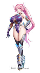 1girl armor bare_shoulders breasts curvy fire full_body highleg highleg_leotard horns huge_breasts leotard lilith-soft long_hair nagiriin_ryou no_mask official_art pink_hair revealing_clothes shiny_skin simple_background skin_tight standing taimanin_(series) taimanin_rpgx taimanin_suit wide_hips yuumaru_(you-mya)