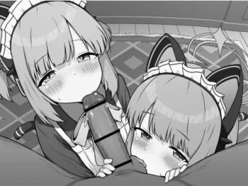 1boy 2girls animal_ears animated blue_archive cat_ears fake_animal_ears fellatio kanbenagi licking licking_penis licking_testicle loli maid midori_(blue_archive) midori_(maid)_(blue_archive) momoi_(blue_archive) momoi_(maid)_(blue_archive) monochrome multiple_girls oral penis pov pov_crotch siblings tagme testicles twins video