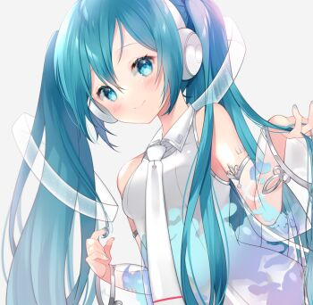 1girl aqua_eyes aqua_hair arm_tattoo blush closed_mouth collared_dress commentary_request dress fingernails grey_nails hair_between_eyes hatsune_miku hatsune_miku_expo headphones highres looking_at_viewer nail_polish necktie number_tattoo see-through_clothes see-through_sleeves sleeveless sleeveless_dress smile solo tattoo twintails vocaloid white_dress white_necktie yuni_(irohasuiroiro)