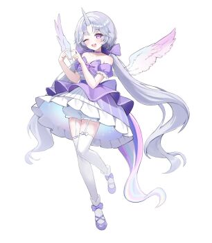 Rule 34 | 1girl, ayatsuno yuni, back bow, bow, bow legwear, breasts, choker, cleavage, collarbone, commentary, cross-shaped pupils, dress, feathered wings, footwear bow, frilled dress, frilled sleeves, frills, full body, garter straps, gem, grey hair, hair bow, heart, heart hands, highres, horse tail, long hair, multiple hair bows, nez (nez 0 0), off-shoulder dress, off shoulder, one eye closed, open mouth, overskirt, pleated skirt, puffy short sleeves, puffy sleeves, purple bow, purple choker, purple eyes, purple gem, purple overskirt, purple shoes, shoes, short sleeves, shorts, simple background, skirt, solo, standing, standing on one leg, stellive, symbol-shaped pupils, tail, teeth, thighhighs, twintails, unicorn girl, unicorn horn, untranslatable commentary, upper teeth only, very long hair, virtual youtuber, white background, white dress, white shorts, white thighhighs, wings
