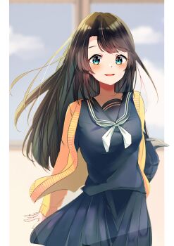 1girl :d absurdres arms_at_sides artist_name black_bag black_hair black_sailor_collar black_serafuku black_skirt blue_eyes blurry blurry_background blush border cardigan cloud cowboy_shot emutakanoe highres hololive long_hair looking_at_viewer neckerchief oozora_subaru open_mouth pleated_skirt sailor_collar school_uniform serafuku signature skirt sky smile solo standing virtual_youtuber white_border white_neckerchief window yellow_cardigan