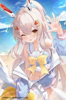 1girl ayanami_(azur_lane) azur_lane bad_source beach blonde_hair blush breasts hair_between_eyes hair_ornament hand_up headgear highres long_hair navel official_art one_eye_closed ponytail red_eyes small_breasts solo swim_ring swimsuit