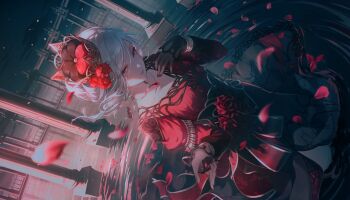 1girl arch architecture bat_ornament black_bow black_dress black_gloves black_sash black_sky black_theme blue_eyes blue_hair blurry bodystocking bow bracelet choppy_bangs cloud collarbone colorful_palette column crown crystal_necklace cupping_hand dark_cloud depth_of_field doily dot_nose dress dress_flower dutch_angle expressionless eyelashes eyes_visible_through_hair facing_viewer falling_petals fence fingernails floating_hair flower gloves gold_crown goth_fashion gradient_sky grey_sky hair_bun hair_flower hair_ornament hair_up half-closed_eyes hand_on_own_chest hands_up highres hinomori_shizuku jewelry juliet_sleeves kono_hito_hari_ni_omoi_wo_komeru_(project_sekai) lace lace-trimmed_dress lace_trim limited_palette liquid long_dress long_eyelashes long_sidelocks long_sleeves mole mole_under_mouth moonlight muted_color necklace night obi official_alternate_costume official_alternate_hairstyle official_art outdoors parted_lips patterned_clothing patterned_sash pendant petals pillar pointed_crown pond project_sekai puffy_sleeves red_bow red_dress red_flower red_nails red_petals red_rose red_theme reflection reflective_liquid ripples rose rose_petals sash side_slit sidelighting sidelocks sideways_glance silver_bracelet silver_necklace silver_trim single_hair_bun sky solo spilling standing straight_hair swept_bangs thick_eyelashes third-party_source tsurime two-sided_bow two-tone_dress wading waist_bow water