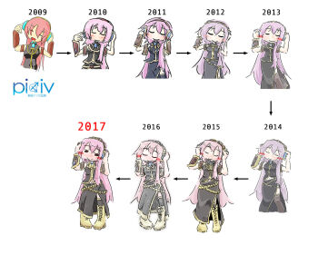 1girl 2009 2010 2011 2012 2013 2014 2015 2016 2017 armlet art_shift black_dress black_legwear boots closed_eyes dress evolution headphones highres jewelry listening_to_music long_hair megurine_luka multiple_persona navel pink_hair smile suo_(suoscoffee) very_long_hair vocaloid
