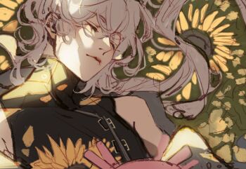 1boy a_date_with_death axolotl black_shirt casper_(a_date_with_death) closed_eyes dappled_sunlight flower hair_over_shoulder highres jellyfish_cut lying male_focus official_art on_back promotional_art shirt sleeping sleeveless sleeveless_shirt solo stuffed_animal stuffed_toy sunflower sunlight upper_body white_hair