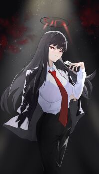 1girl absurdres alternate_costume black_hair blue_archive breasts formal_clothes halo highres icetabetaaii large_breasts long_hair looking_at_viewer millennium_science_school_logo nail_polish necktie office_lady red_eyes red_necktie rio_(blue_archive) shirt smile solo spotlight suit white_shirt