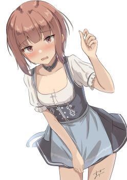 1girl absurdres alternate_costume black_skirt bodice breasts brown_eyes brown_hair collared_shirt covered_navel dirndl dress_shirt german_clothes highres kantai_collection shirt short_hair simple_background skirt small_breasts solo sukimizaki underbust white_background white_shirt z3_max_schultz_(kancolle)