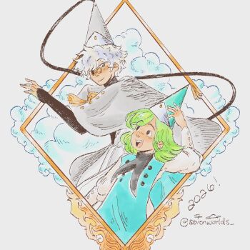 1boy 1girl 2026 coco_(tongari_boushi_no_atelier) green_hair hat hat_tassel highres open_mouth qifrey&#039;s_atelier_apprentice_uniform qifrey_(tongari_boushi_no_atelier) sevenworlds teeth tongari_boushi_no_atelier white_hair