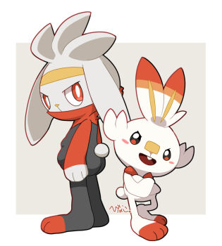2others animal_ears blush blush_stickers bright_pupils crossed_arms furry gen_8_pokemon hinako_iroiro looking_back multiple_others nintendo orange_eyes other_focus pokemon pokemon_(creature) rabbit_ears rabbit_tail raboot scorbunny smile standing tail white_hair white_pupils