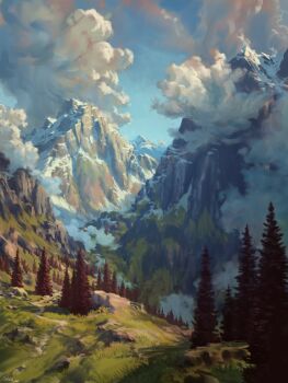 absurdres blue_sky cloud cloudy_sky day highres mountain no_humans original outdoors philipp_urlich pine_tree scenery sky tree