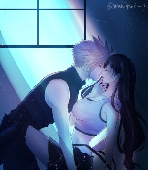 1boy 1girl bare_arms bare_shoulders black_hair black_skirt black_sports_bra black_thighhighs blonde_hair blue_eyes breasts closed_eyes cloud_strife commentary_request couple crop_top earrings facing_another feet_out_of_frame final_fantasy final_fantasy_vii final_fantasy_vii_rebirth final_fantasy_vii_remake from_side hand_on_another&#039;s_chin hetero highres imminent_kiss indoors jewelry large_breasts leaning_back leaning_forward long_hair looking_at_another low-tied_long_hair midriff omochigame_ct open_mouth profile short_hair single_earring sitting skirt sleeveless sleeveless_turtleneck spiked_hair sports_bra sweater tank_top thighhighs tifa_lockhart turtleneck turtleneck_sweater twitter_username white_tank_top window