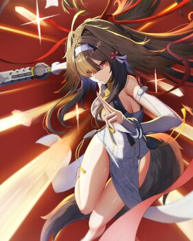 1girl animal_ear_fluff animal_ears armlet bare_shoulders bracelet breasts brown_hair brown_tail china_dress chinese_clothes closed_mouth clover clover_hair_ornament commentary_request dress droopy_ears floating floating_object floating_sword floating_weapon gao_kawa hair_ornament hairband highres holding holding_sword holding_weapon jewelry large_breasts leg_up long_hair looking_ahead metal_bracelet pelvic_curtain red_background red_eyes sideboob silver_armlet silver_bracelet solo sparkle sword tail very_long_hair weapon white_dress white_hairband ye_shunguang zenless_zone_zero