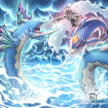 1boy absurdres cloud cloudy_sky duel_monster gun harpoon harpoon_gun highres holding holding_gun holding_weapon kai.magination lightning monster ocean ocean_dragon_lord_-_kairyu-shin official_style open_mouth red_hair sea_serpent shark sharp_teeth signature sky tagme teeth the_legendary_fisherman water weapon yu-gi-oh!