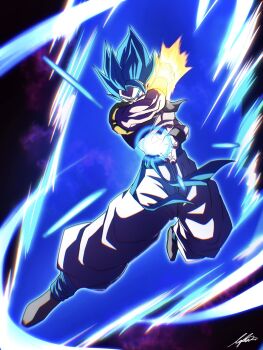 Rule 34 | 1boy, aura, black vest, blue eyes, blue hair, blue sash, commentary request, cropped vest, dragon ball, dragon ball super, dragon ball super broly, energy ball, full body, gogeta, highres, lafia db, male focus, medium hair, metamoran vest, muscular, muscular male, open clothes, open vest, pants, sash, signature, solo, spiked hair, super saiyan, super saiyan blue, vest, white pants