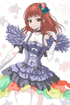 1girl absurdres aqua_eyeshadow bandaged_hand bandages black_choker black_dress choker dimple_facial_mark dress eyeliner eyeshadow facial_mark fire_emblem fire_emblem_engage fur_sleeves hair_ornament highres long_hair looking_at_viewer makeup nintendo orange_hair panette_(fire_emblem) red_eyeliner short_bangs smile solo stitched_mouth stitches wade_(njud8343) yellow_eyes