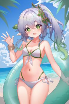 1girl absurdres alternate_costume armpit_crease beach bikini blue_sky blush bracelet breasts cleavage cloud collarbone connexion day genshin_impact gradient_hair green_eyes green_hair hair_between_eyes hair_ornament hand_up highres holding holding_swim_ring innertube jewelry leaf_hair_ornament long_hair looking_at_viewer multicolored_hair nahida_(genshin_impact) navel open_mouth outdoors pointy_ears redrawn side-tie_bikini_bottom side_ponytail sky small_breasts solo star-shaped_pupils star_(symbol) stomach swim_ring swimsuit symbol-shaped_pupils water white_bikini white_hair