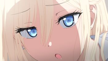 1girl aya_hiyama_(misaki_nonaka) blonde_hair blue_eyes close-up earrings eyelashes grey_shirt hair_between_eyes highres jewelry misaki_nonaka open_mouth original shirt solo