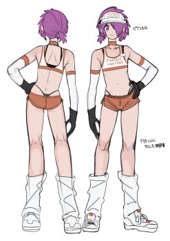 1boy 2n5 absurdres ass bandaid bandaid_on_knee bandaid_on_leg black_bra black_gloves black_panties bra bulge detached_sleeves femboy_hooters_(meme) gloves hair_over_one_eye highres looking_at_viewer loose_socks male_focus mikel-kun multiple_views navel original panties ponytail purple_eyes purple_hair short_ponytail shorts simple_background smile socks thong trap underwear visor_cap whale_tail_(clothing) white_background white_socks