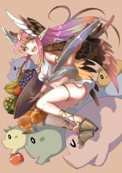 1girl :d apple banana blue_eyes bracelet brown_background brown_feathers circe_(fate) commentary_request fate/grand_order fate_(series) feathers food fruit grapes haku_(grimjin) head_wings highres jewelry looking_at_viewer metabole_piglets navel open_mouth pig pink_hair platform_sandals pointy_ears sandals sidelocks simple_background smile solo thighlet wings