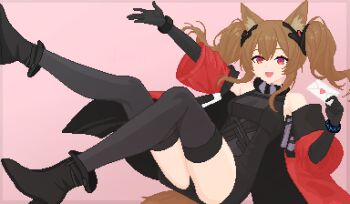 Rule 34 | 1girl, angelina (arknights), animal ear fluff, animal ears, arknights, arknights: endfield, black boots, black dress, black gloves, black shorts, black thighhighs, boots, border, bracelet, breasts, brown hair, coat, commentary, double-parted bangs, dress, elbow gloves, en'deru, english commentary, fold-over boots, fox ears, fox girl, fox tail, gilberta (arknights), gloves, headpiece, high collar, highres, holding, holding letter, infection monitor (arknights), jewelry, legs up, letter, long hair, long sleeves, looking at viewer, love letter, medium breasts, off shoulder, open clothes, open coat, outside border, outstretched arm, pink background, pink border, pixel art, red coat, red eyes, short dress, shorts, shorts under dress, sleeveless, sleeveless dress, solo, tail, thighhighs, twintails, upskirt, wide sleeves