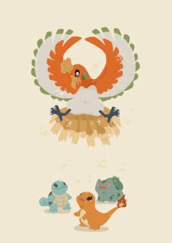Rule 34 | absurdres, brown eyes, bulbasaur, charmander, claws, commentary request, fangs, gen 1 pokemon, gen 2 pokemon, highres, ho-oh, legendary pokemon, looking down, looking up, nintendo, no humans, open mouth, pink eyes, pokemon, pokemon (creature), red eyes, simple background, smile, sparkle, squirtle, starter pokemon trio, zozozoshion