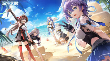 aether_gazer artist_request blue_eyes blue_hair breasts brown_hair dress gloves goggles goggles_on_head hair_ornament highres large_breasts leviathan_(aether_gazer) long_hair looking_at_viewer multiple_girls official_art open_mouth poseidon_(aether_gazer) purple_hair short_hair skadi_(aether_gazer) smile twintails v verthandi_(aether_gazer) white_hair zenkibo_(aether_gazer)