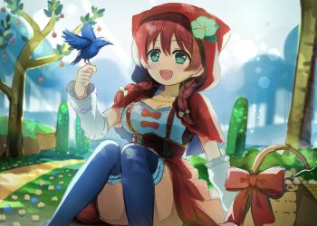 1girl :d basket bird blue_bird blue_thighhighs blush bow braid breasts brown_corset brown_hair capelet cleavage commentary_request corset cosplay emma_verde emma_verde_(innocent_little_red_riding_hood) flower frilled_arm_warmers green_flower highres hood hood_up hooded_capelet large_breasts little_red_riding_hood_(fairy_tale) little_red_riding_hood_(fairy_tale_character)_(cosplay) little_red_riding_hood_(fairy_tale_character) long_hair looking_at_viewer love_live! love_live!_nijigasaki_high_school_idol_club love_live!_school_idol_festival_all_stars low_twin_braids memechi_(memechi_6) memechi_6 miniskirt no_freckles official_alternate_costume on_ground open_mouth outdoors over-kneehighs red_bow red_capelet red_skirt shirt sitting skirt smile solo thighhighs tree twin_braids underbust white_arm_warmers white_shirt