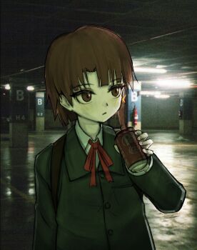1girl arm_at_side asymmetrical_bangs asymmetrical_hair backlighting blush brown_eyes brown_hair buttons can ceiling_light commentary dr_pepper drink_can english_commentary eyelashes film_grain fingernails fire_extinguisher hair_ornament hand_up head_tilt holding holding_can indoors iwakura_lain jacket long_sleeves looking_ahead medium_hair neck_ribbon parking_garage parted_lips photo_background pillar red_ribbon reflective_floor ribbon school_uniform serial_experiments_lain shirt shoulder_strap single_sidelock soda_can solo upper_body white_shirt x_hair_ornament yuroroo