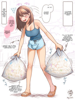 1futa blush breasts bulge cleavage condom covered_testicles daisy_mitsumata embarrassed english_text erection erection_under_clothes excessive_cum futanari hard-translated implied_masturbation multiple_condoms non-web_source open_mouth original solo sweatdrop testicles third-party_edit translated trash_bag used_condom used_tissue