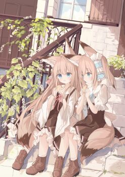 2girls :d animal_ear_fluff animal_ears blue_eyes blue_ribbon blush boots brown_boots brown_dress brown_hair building closed_mouth collared_shirt commentary_request day dress flower food fox_ears fox_girl fox_tail frilled_dress frills hair_between_eyes highres holding holding_food kushida_you lace-up_boots long_sleeves multiple_girls neck_ribbon open_mouth original outdoors pink_ribbon puffy_short_sleeves puffy_sleeves railing ribbon shirt short_sleeves sitting sitting_on_stairs sleeveless sleeveless_dress smile socks stairs stone_stairs tail white_flower white_shirt white_socks wide_sleeves window