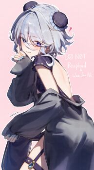 1girl absurdres alternate_costume backless_dress backless_outfit black_coat blue_eyes blue_hair blue_nails bun_cover china_dress chinese_clothes coat commentary_request double_bun dress drop-shaped_pupils from_behind furina_(genshin_impact) genshin_impact grey_hair hair_between_eyes hair_bun hand_up heterochromia highres imasaki_kei looking_at_viewer multicolored_hair open_clothes open_coat pink_background short_hair simple_background smile solo symbol-shaped_pupils thigh_strap twitter_username