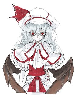 1girl absurdres aizettonagi ascot bat_wings beret capelet curiosities_of_lotus_asia fang fingernails frilled_capelet frills hair_between_eyes hat hat_ribbon highres looking_at_viewer medium_hair red_eyes red_nails red_sash remilia_scarlet ribbon sash sharp_fingernails simple_background skin_fang smile solo touhou white_ascot white_background white_capelet white_hair white_hat wings