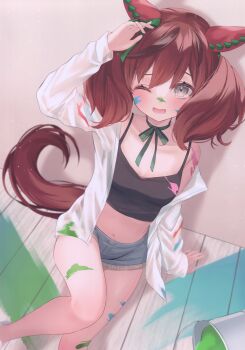 1girl ;d absurdres animal_ears arm_support arm_up black_camisole blue_shorts brown_eyes brown_hair camisole choker denim denim_shorts ear_covers green_ribbon highres horse_ears horse_girl horse_tail jacket long_sleeves looking_at_viewer navel nice_nature_(umamusume) one_eye_closed open_mouth paint paint_can paint_on_body ribbon ribbon_choker short_shorts shorts smile solo stomach suzuho_hotaru tail third-party_source two_side_up umamusume white_jacket